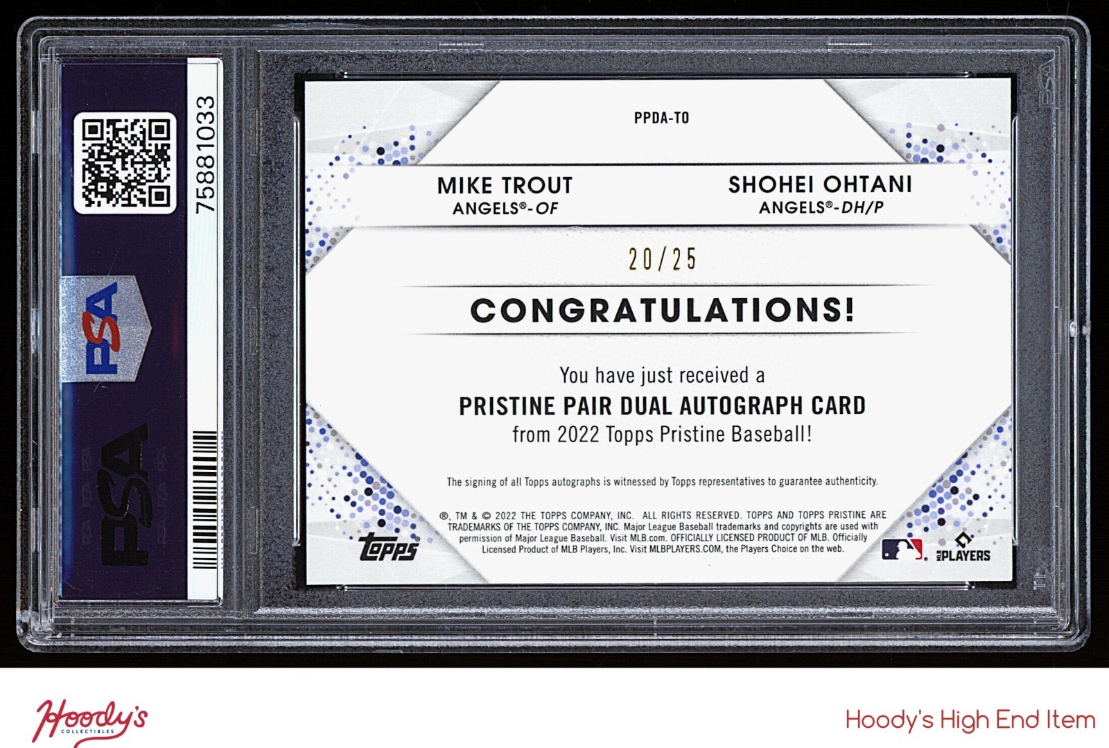 2022 Topps Pristine Pair Mike Trout & Shohei Ohtani DUAL ON CARD AUTO /25 PSA 10 view 2
