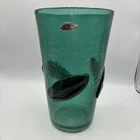 Blenko Crackle Glass Vase Applied Leaves Sea Green / Blue Green 366ML 10"