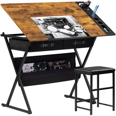 VECELO Adjustable Drafting Table Art Desk with Stool