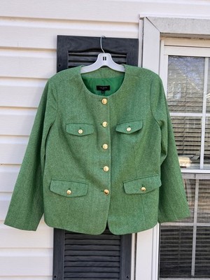 NWT Talbots Gorgeous Apple Green & White Herringbone Wool Blend Lined Blazer 20W