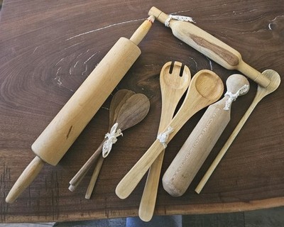 Antique Primitive Lot Wooden Mashers Paddles Rolling Pin Spoons Farmhouse D