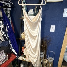 Women  s Beige Satin-Look Slip Dress Lingerie with Spaghetti Straps