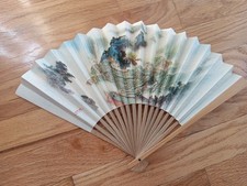 Vintage Chinese Landscape Scene Wooden Hand Fan