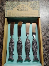Global Market India 4 Piece Fish Coastal Silver Cheese Spreader Butter Knife NIB
