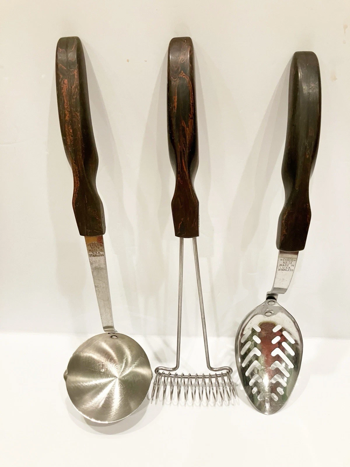 3 Cutco Kitchen Utensils Ladle Slotted Spoon Whisk Made In USA Wooden Handles