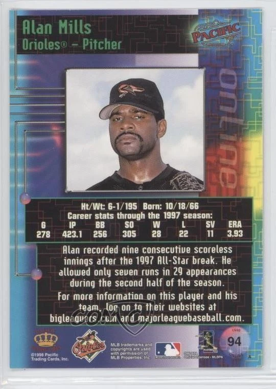 1998 Pacific Online Red Alan Mills #94 - Image 2 of 2