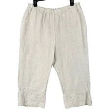 Match Point M Beige 100% Linen Elastic Waist Capri Pants w/ Side Slits & Pockets