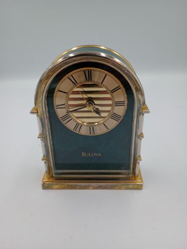 Vintage BULOVA Archtop Jutebox Green Jade Mantle Shelf Desk Alarm Clock Works!