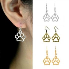 DOG PAW PRINT EARRINGS 1.3" Drop Dangle Pet Lover Cut Out Stainless Steel Wires