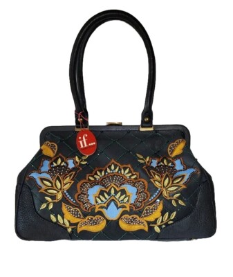 ISABELLA FIORE NWT BEAUTY WENDY BEADED EMBROIDERED  LEATHER PUSH TOP HANDBAG$625