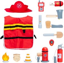 Einsatzset Holz Feuerwehrmann Spielset mit Feuerwehr Kostüm Kinder, Kappe 14 St.
