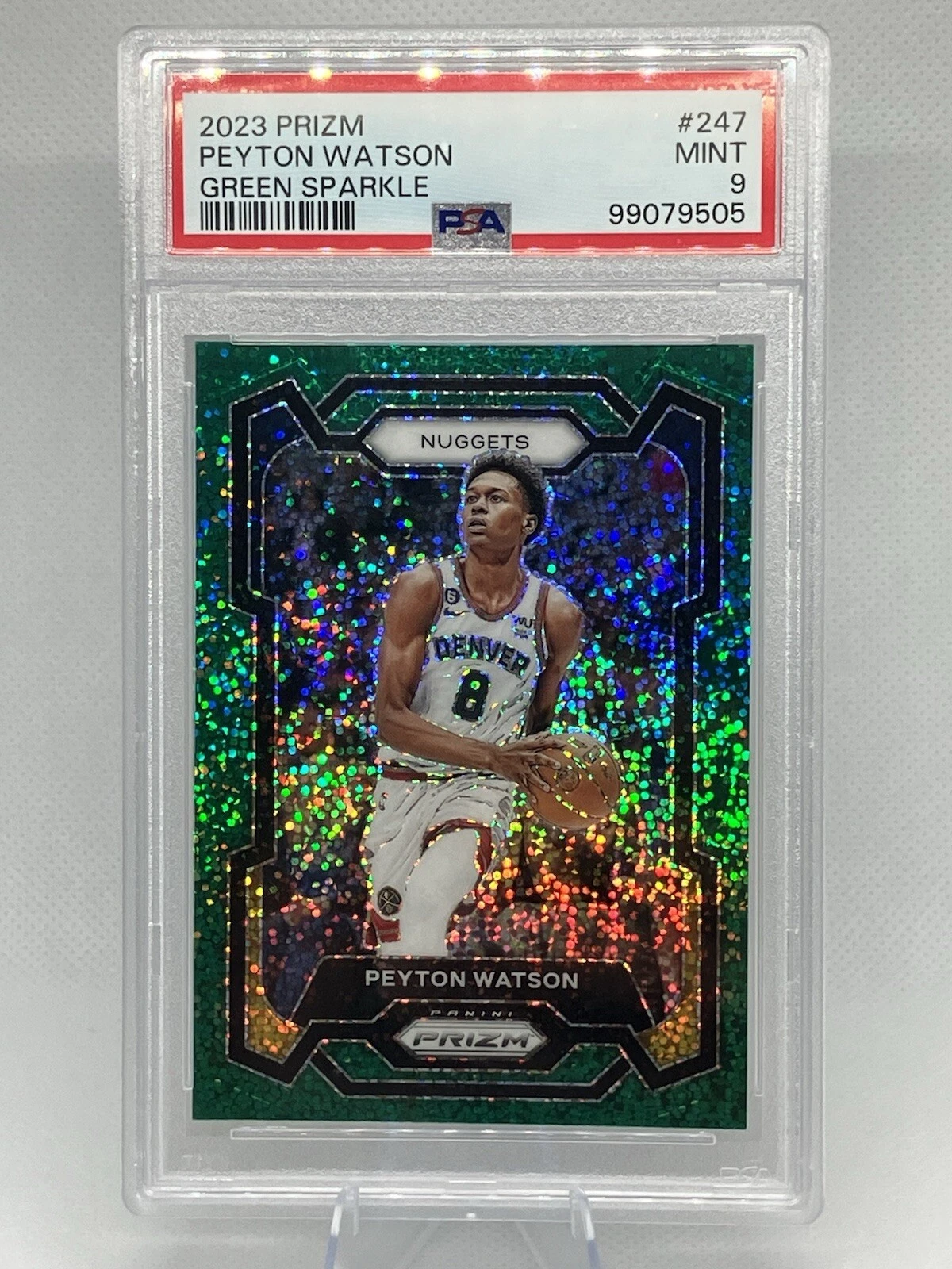 2023 Panini Prizm Peyton Watson /8 JERSEY MATCH! Green Sparkle Prizm #247 SSP
