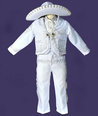 Beautiful pieces Boy Charro Suit,White W/Silver Charro Suit W