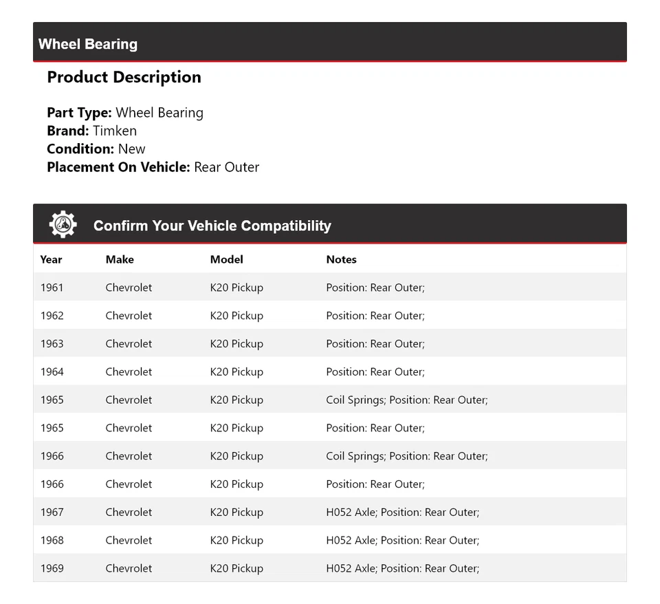Cojinete de rueda exterior trasero Timken 1962 1963 para camioneta Chevrolet K20 1961-1969 Foto 2 de 4