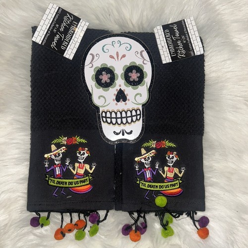 Halloween Day of the Dead Embroidered Dia De Muertos Dish Towels & Plaque X3 NWT - Picture 3 of 4