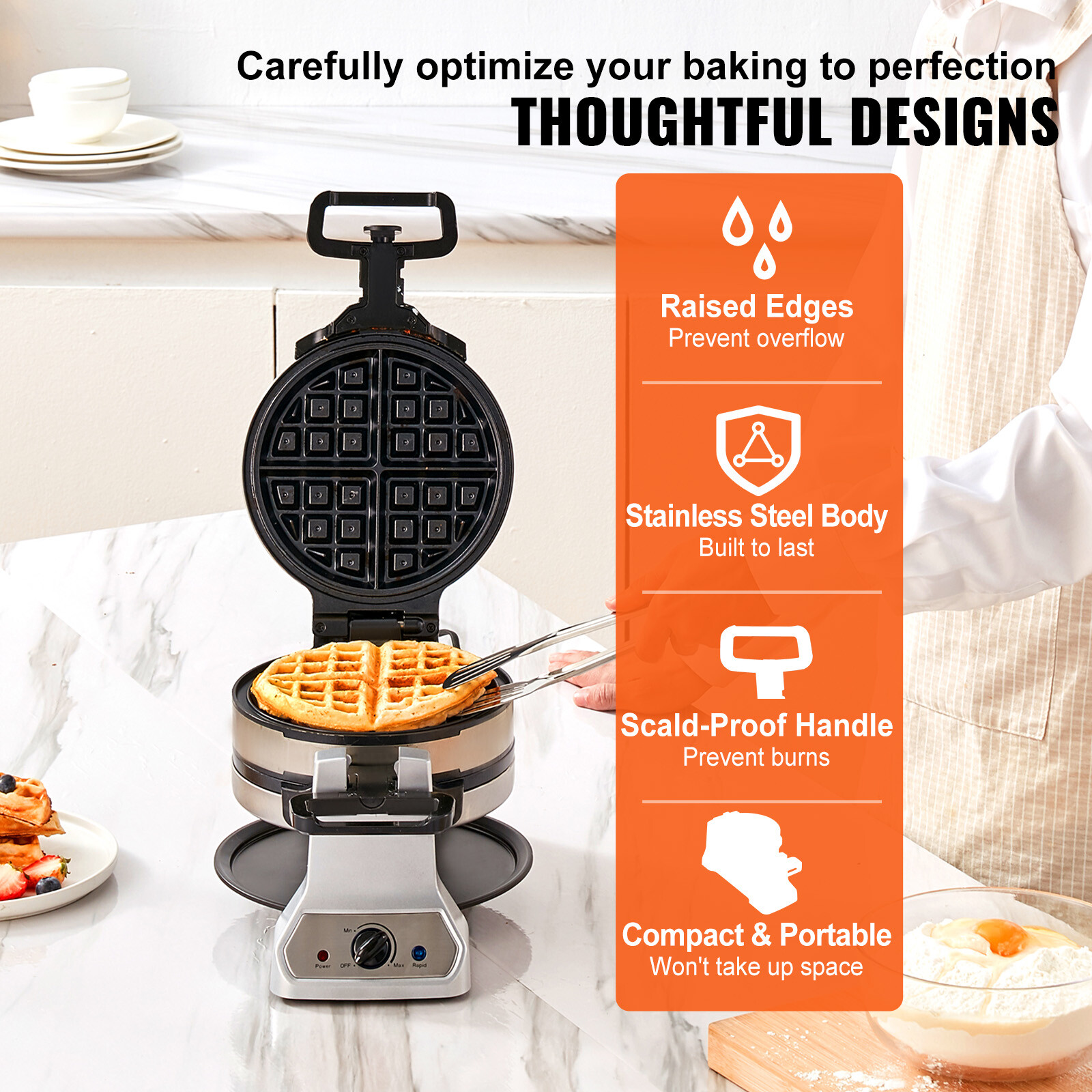 VEVOR Round Waffle Maker 1400W 2Layer Rotatable NonStick Waffle Iron