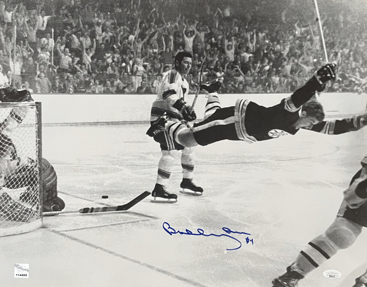 Bobby Orr Autographed Signed Boston Bruins FLYING GOAL 16X20 PHOTO BRUINS 1970 CUP JSA HOLO, COA, & ORR 