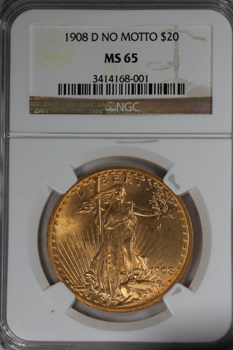 1908-D 20.00 NGC MS65 NO MOTTO , TWENTY DOLLAR GOLD PIECE, SAINT
