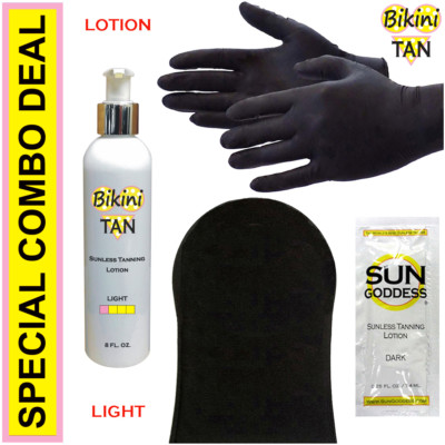 BIKINI TAN - Sunless Self Tanning Lotion - LIGHT - 8 oz + Best Tanner Mitt!
