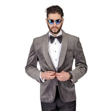 Mens Grey Velvet Tuxedo Blazer Jacket Shawl Lapel 1 Button Slim Fit BY AZAR MAN