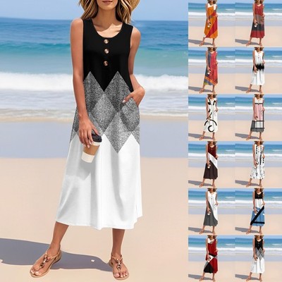 Sleeveless Dress for Women Summer Printed Casual Swing Round Neck Sun  Dresses | eBay