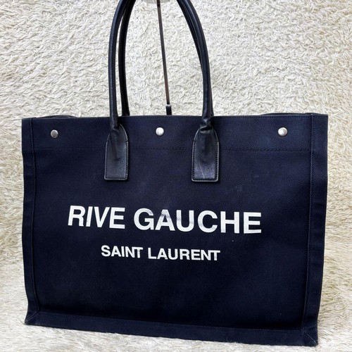 YSL Saint Laurent RIVE GAUCHE Tote Shoulder Bag Black Canvas Logo Women's