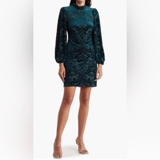 Vince Camuto Teal Velvet Burnout Mock Neck Dress 12 Goth Chic Luxury Cocktail