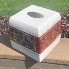 Kohl's “Angelica” Tissue Cube Ceramic Cover White, Burgundy, Gold PRETTY!!