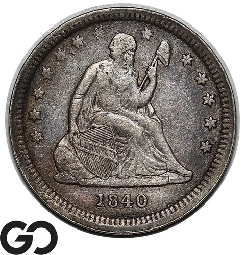 1840-O Seated Liberty Quarter, W/Drapery, Very Scarce Choice XF Better Date