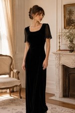 Vintage Talbots Black Velvet Maxi Dress Size M– Sheer Beaded Sleeves – Elegant