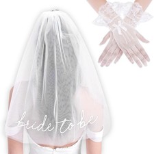 Bride to Be Veil and Lace Gloves Set White Bachelorette Party Veil Short Mesh...