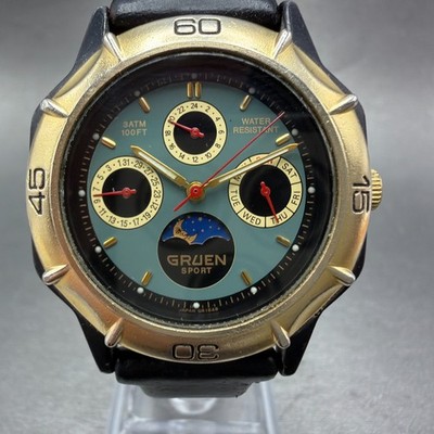 Gruen Watch Men 35mm Green Dial Black Tone Daydate Day Night READ!!!!! New batt