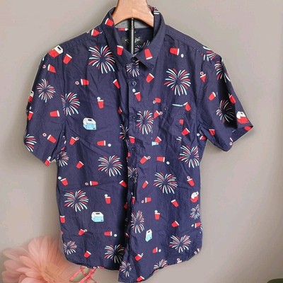 Eighty Eight Men Navy Button Shirt Large Red Solo Cup Fireworks Fourth Of July 