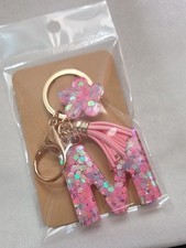 Pink Pastel Initial Letter "M" Resin Keychain Purse Charm Flower Tassel Bling