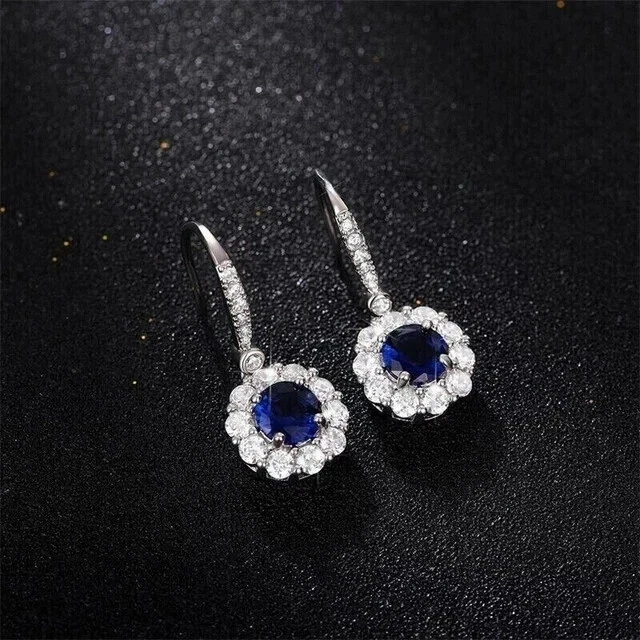 2Ct Round Cut Lab Created Sapphire Drop/Dangle Earrings 14K White Gold Plated - Image 4 of 4