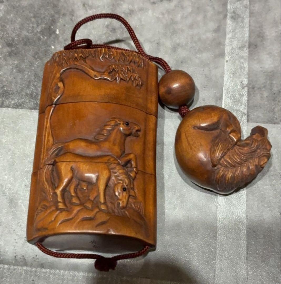 Inro Netsuke Horse Japanese Boxwood carved Antique From Japan