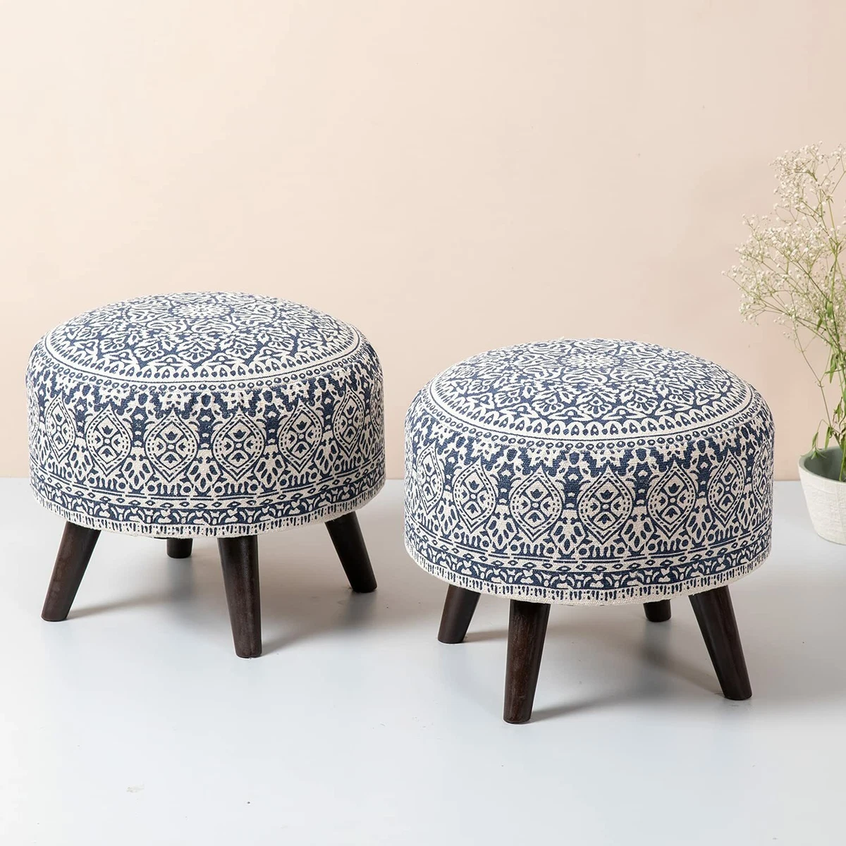 STOOL POUFFE PUFFY OTTOMAN FOOTREST SITTING WITH 4 WOODEN LEGS SET OF 2 K