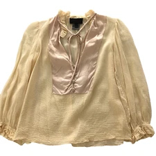 VTG Derek Lam Womens Italian Top Sz 6 Ivory w Rose Ruffle Tie-Neck Long Sleeve