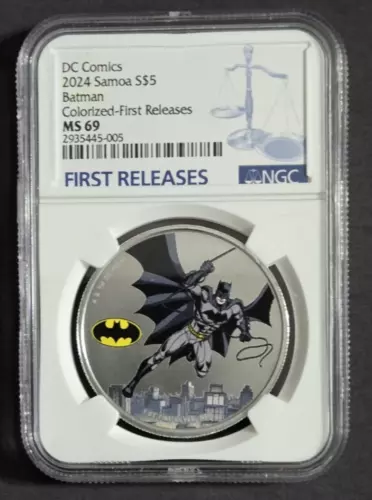 2024 SAMOA $5 DC COMICS JUSTICE LEAGUE - BATMAN NGC MS69 FR SILVER COLORED COIN