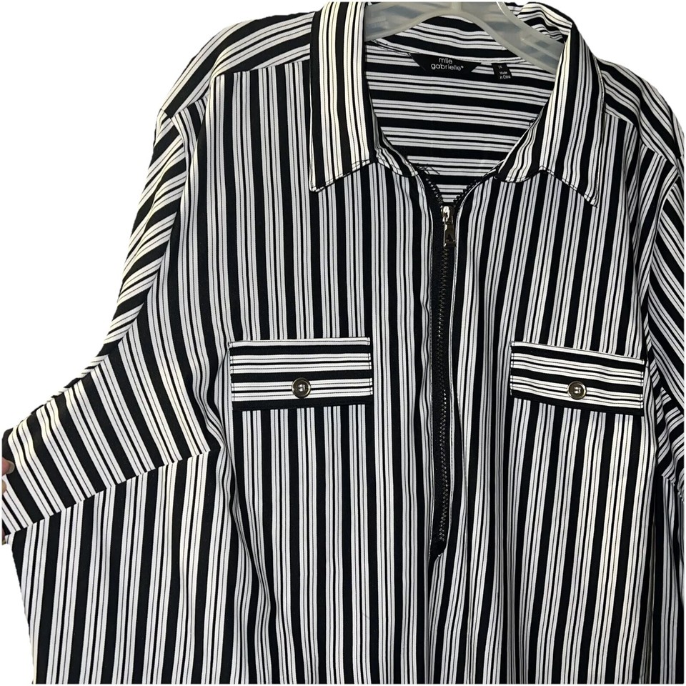 Mlle Gabrielle Black/White Striped Half Zip.Dress Roll Tab Sleeve Sz.3X