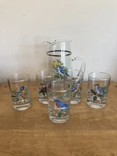 West Virginia Glass American Song Bird Juice Glasses and Pitcher Lot