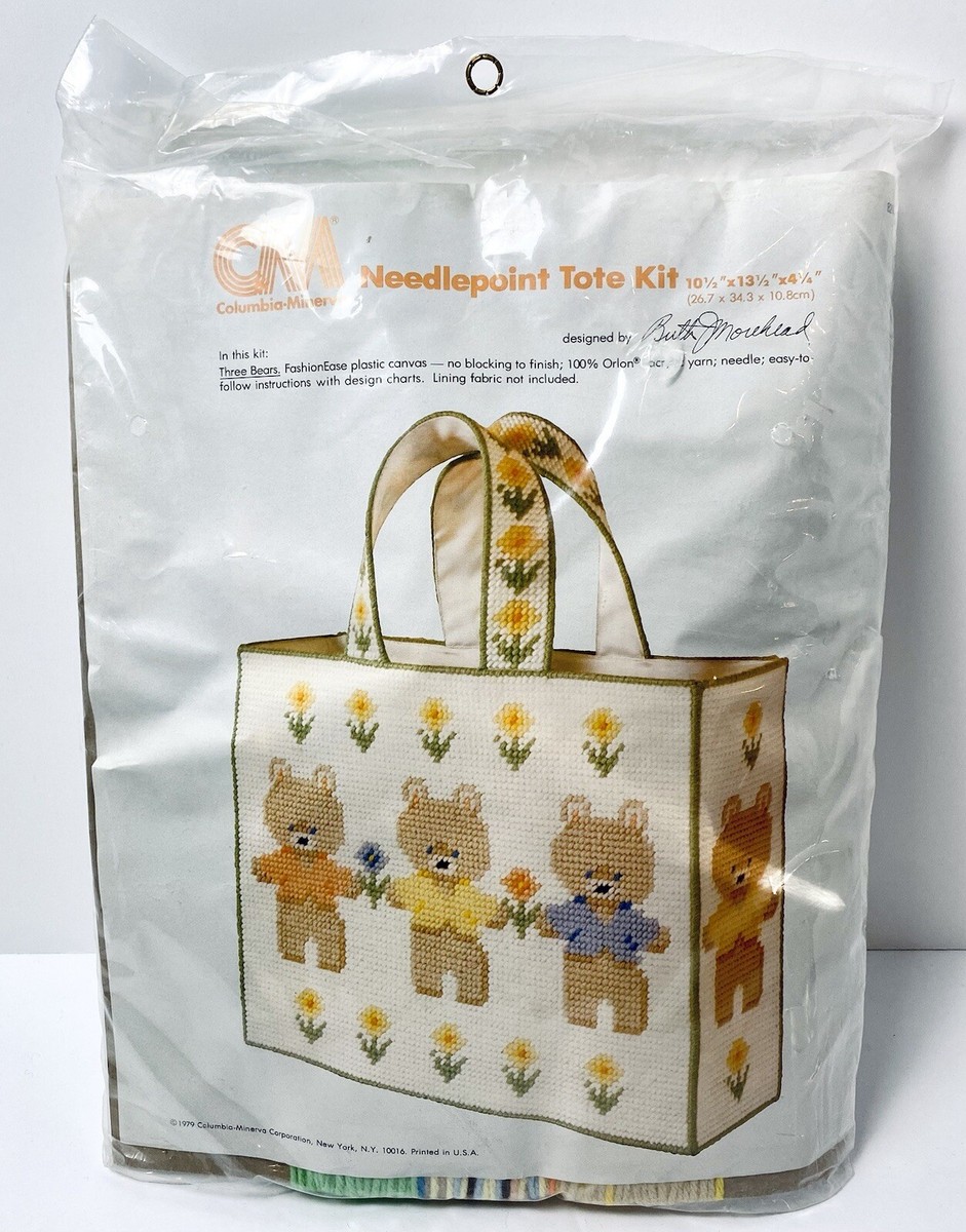 Vintage Needlepoint Tote Bag Kit 70s Columbia Minerva Bears Plastic Canvas  #8294