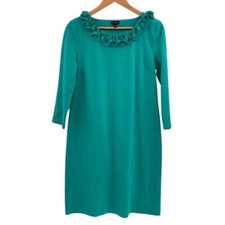 Talbots Dress Shift Women Medium Green Ruffle Neck 3/4 Sleeve Loose Stretch