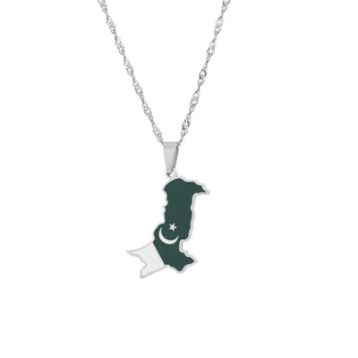 New Silver Pakistan Flag and Map Charm Pendant Necklace UK Pakistani Chain 