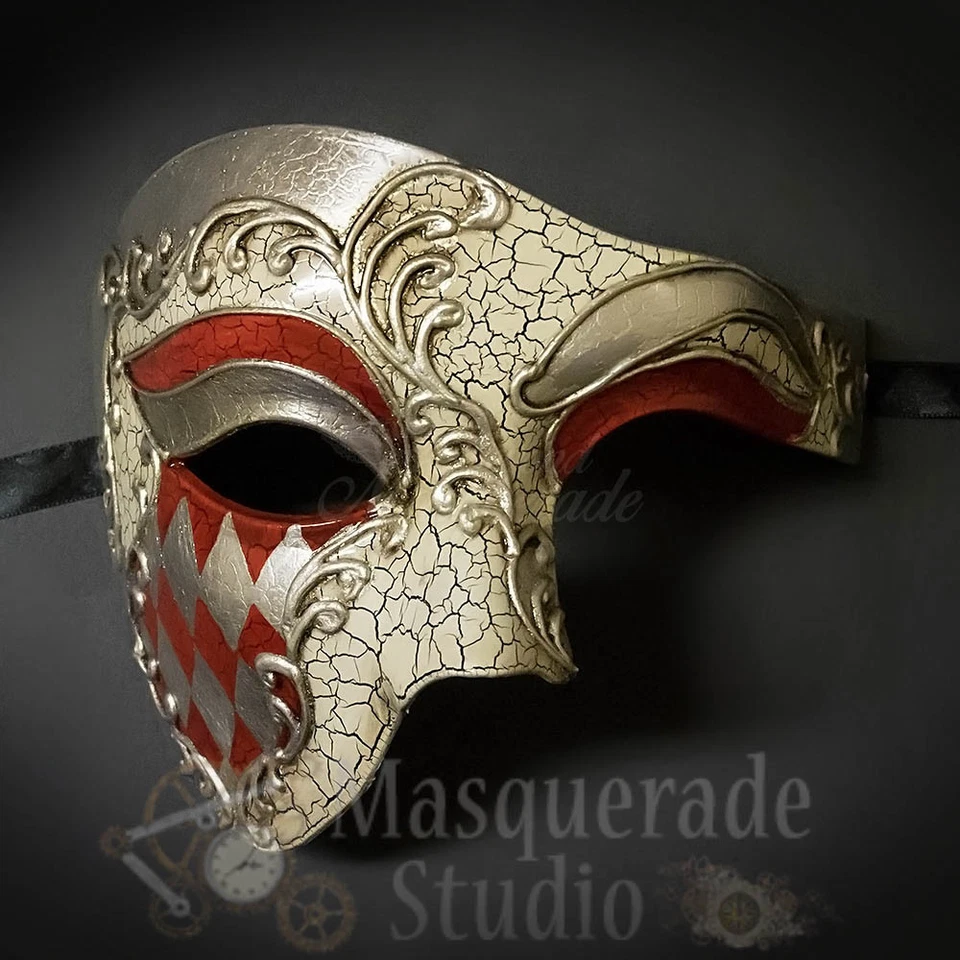 Mens Diamond Pattern Phantom of the Opera Venetian Masquerade Ball Mask [Red] - Image 2 of 4