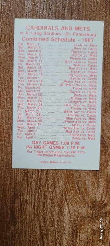 1987 NY METS, ST. L. CARDS Spring Training Schedule-Al Lang, FL-DOC-STRAW-MINT!!