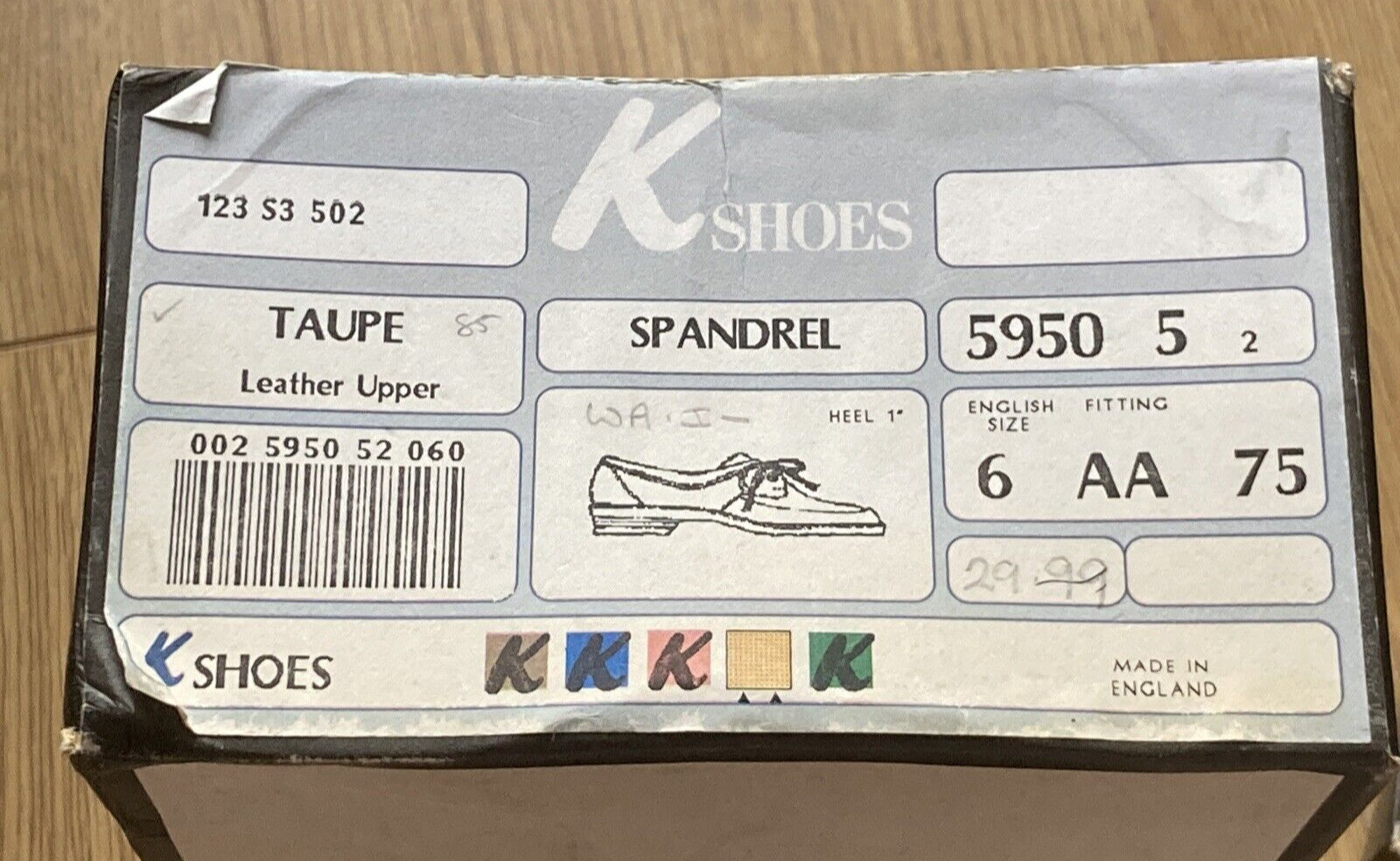 Fabulous Vintage Quality Taupe Leather Shoes K Skips "Spandrel", Boxed, 6 UK 11