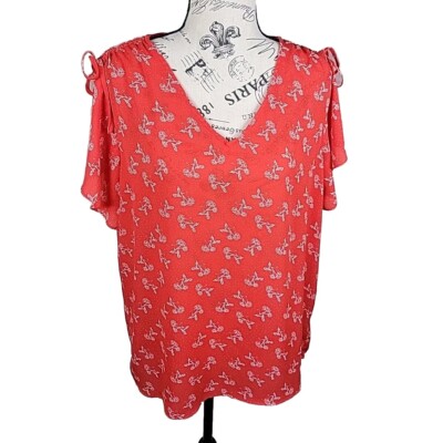 Jasmine & Juliana L Woman's Red Top w/ White Floral Print & Tie Shoulder Ruching