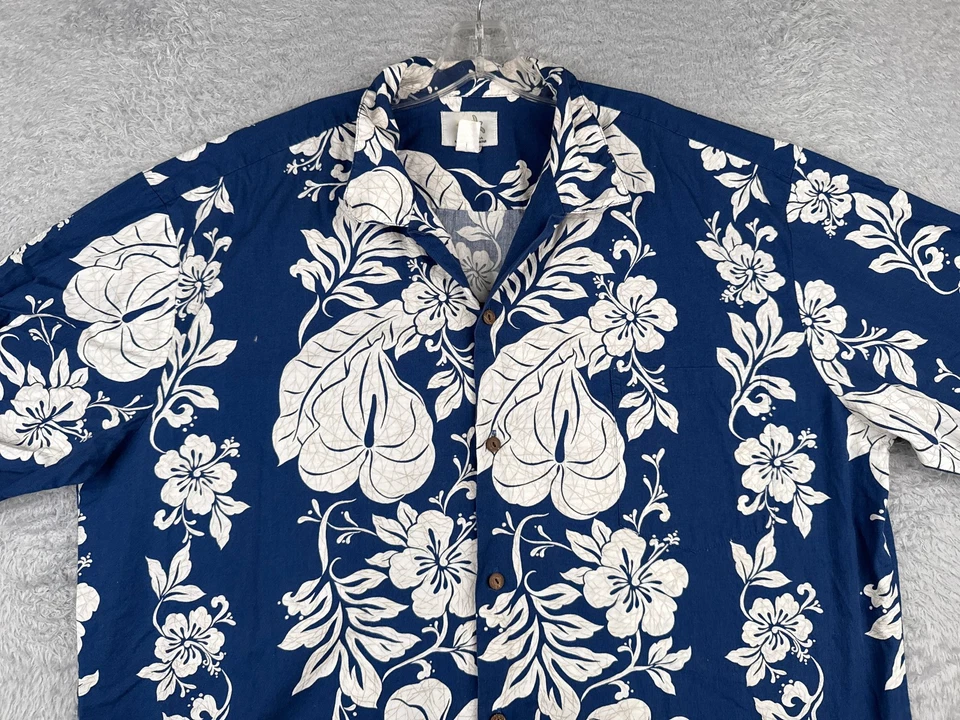 Camisa masculina vintage Ho Aloha 2XL XXL azul floral botão havaiano algodão feita nos EUA - Imagem 4 de 4