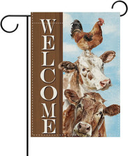 Vintage Farm Animals Welcome Decorative Garden Flag, Retro Farmhouse Cow Rooster